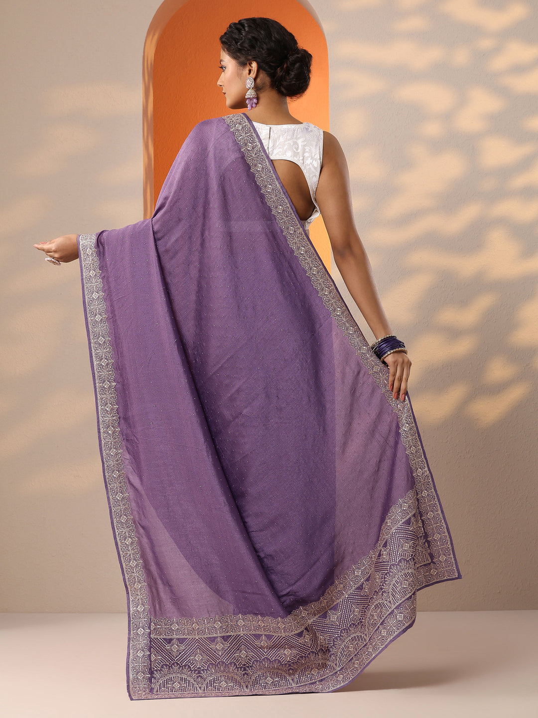  Purple Embellished Silk Blend Saree With Unstitched Blouse Piece 