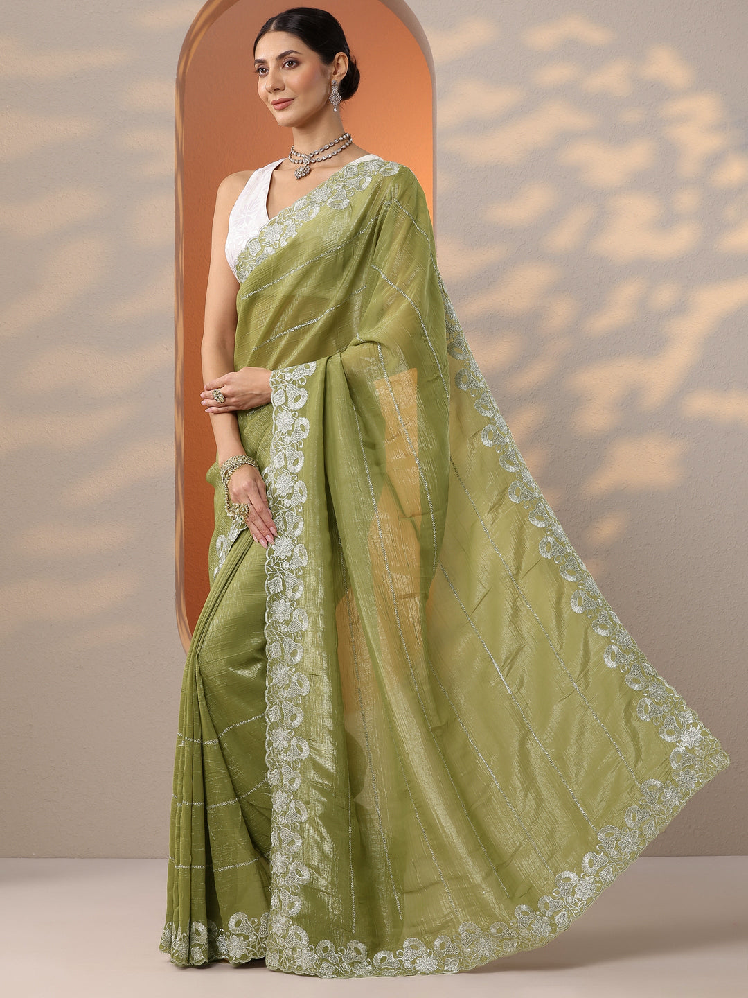  Green Embellished Chinon Saree With Unstitched Blouse Piece 