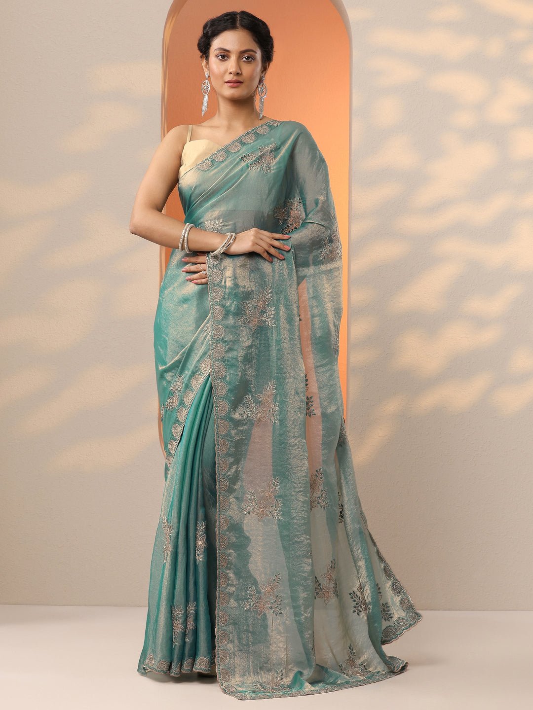  Teal Embroidered Organza Saree With Unstitched Blouse Piece 