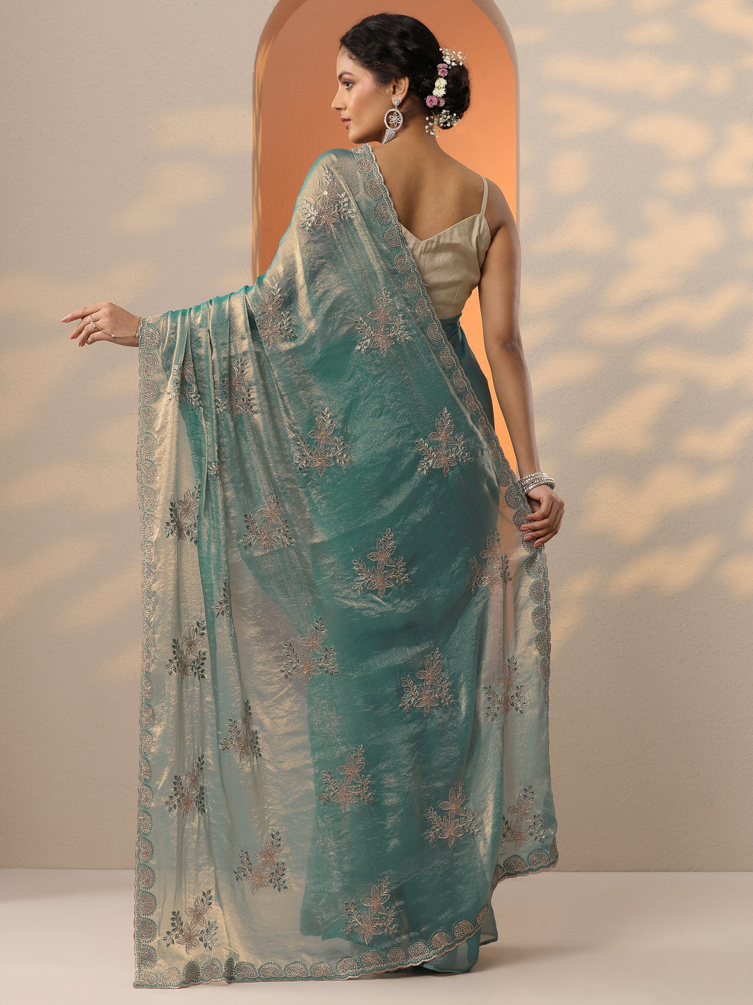  Teal Embroidered Organza Saree With Unstitched Blouse Piece 