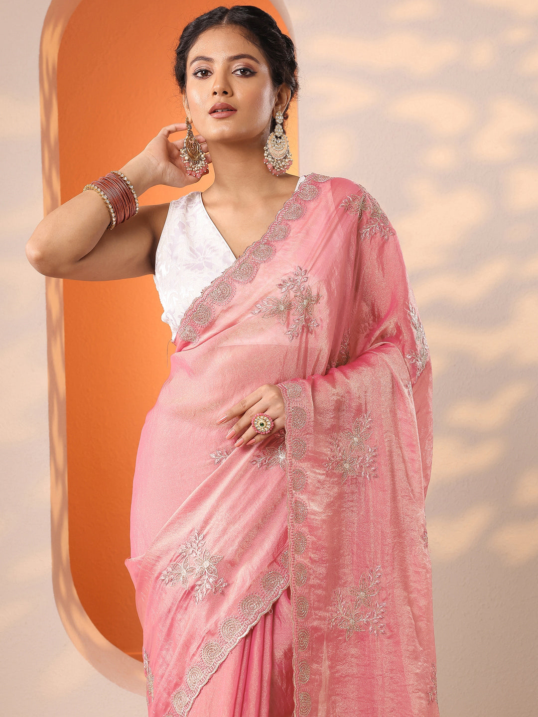  Pink Embroidered Organza Saree With Unstitched Blouse Piece 