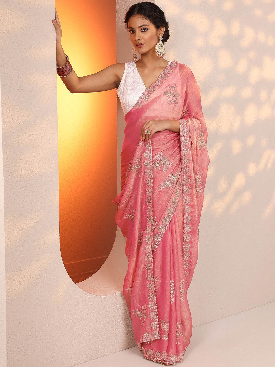  Pink Embroidered Organza Saree With Unstitched Blouse Piece 