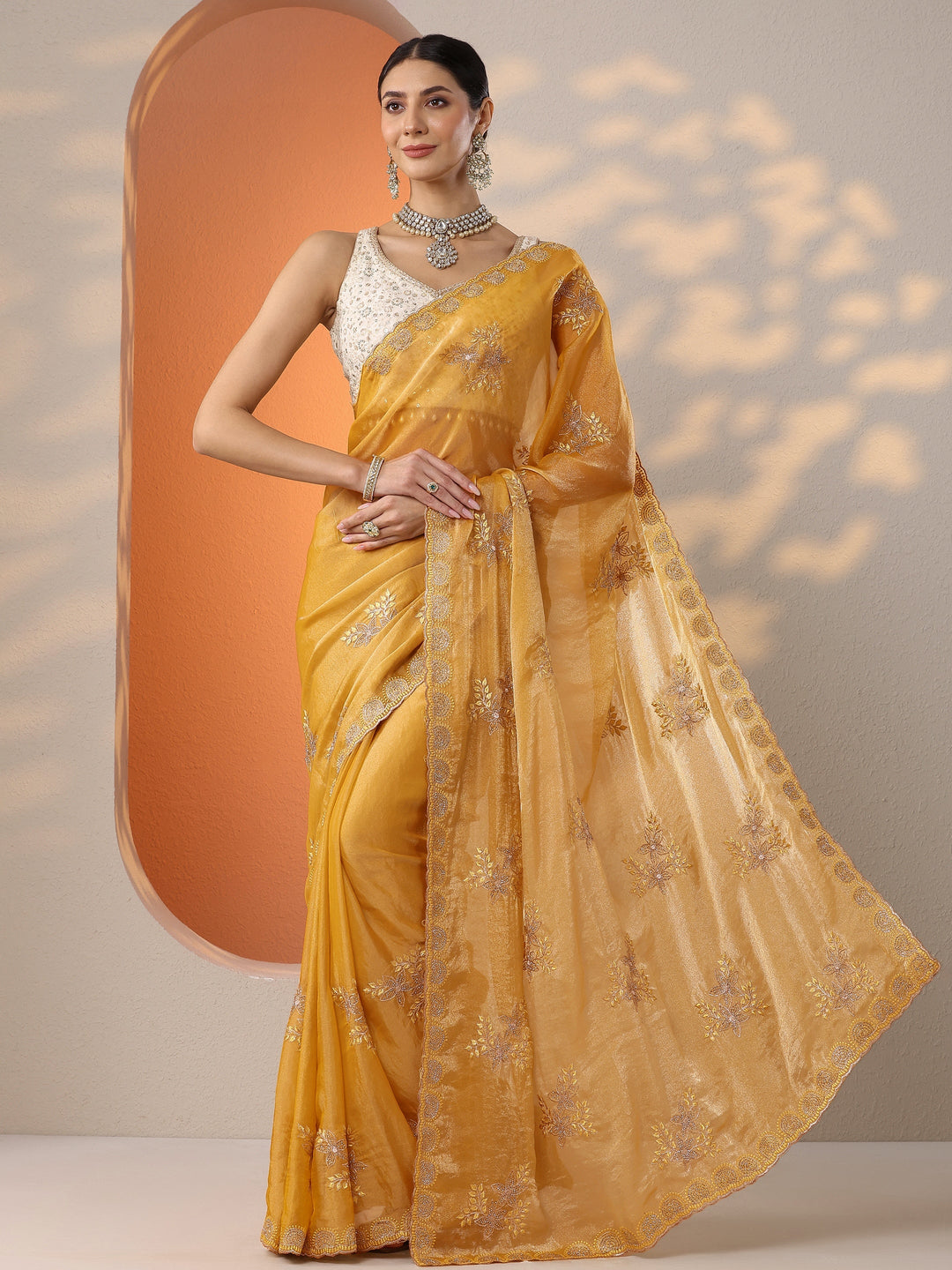  Mustard Embroidered Organza Saree With Unstitched Blouse Piece 
