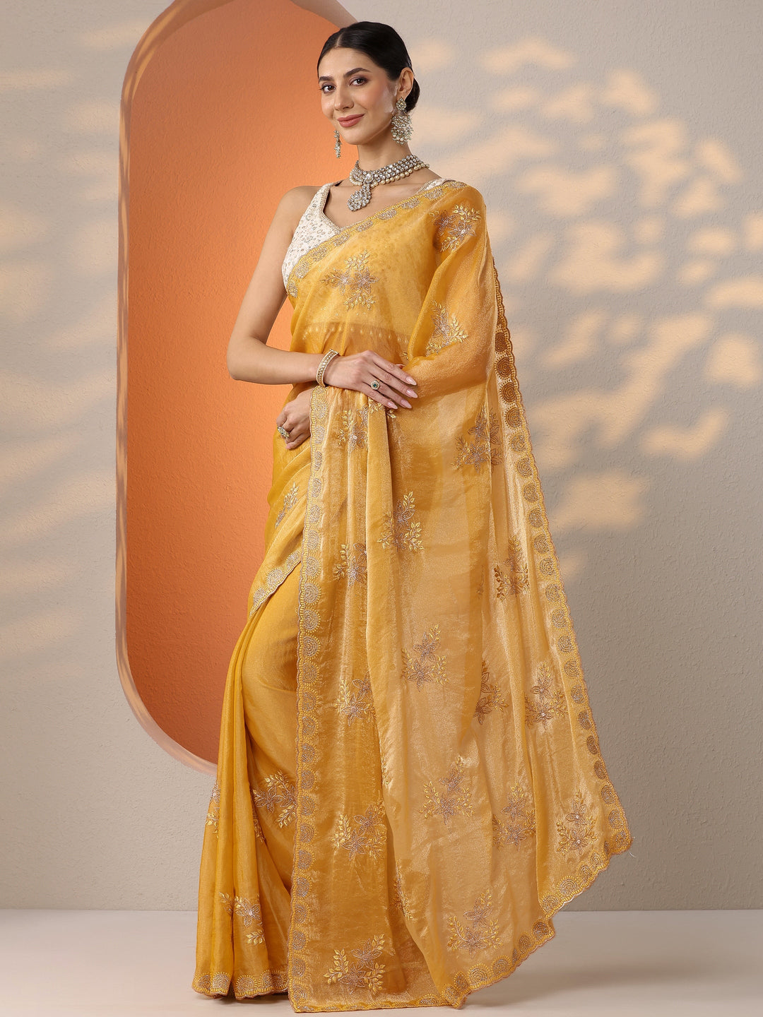  Mustard Embroidered Organza Saree With Unstitched Blouse Piece 