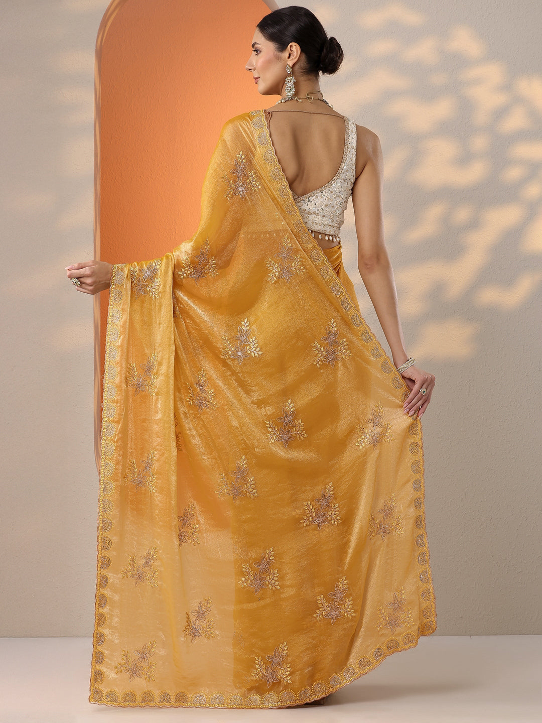  Mustard Embroidered Organza Saree With Unstitched Blouse Piece 