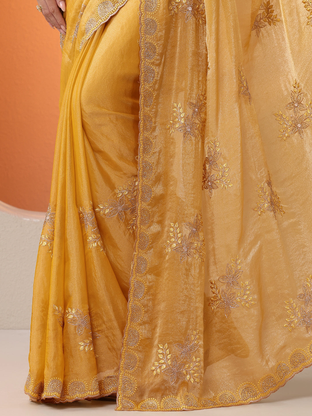  Mustard Embroidered Organza Saree With Unstitched Blouse Piece 