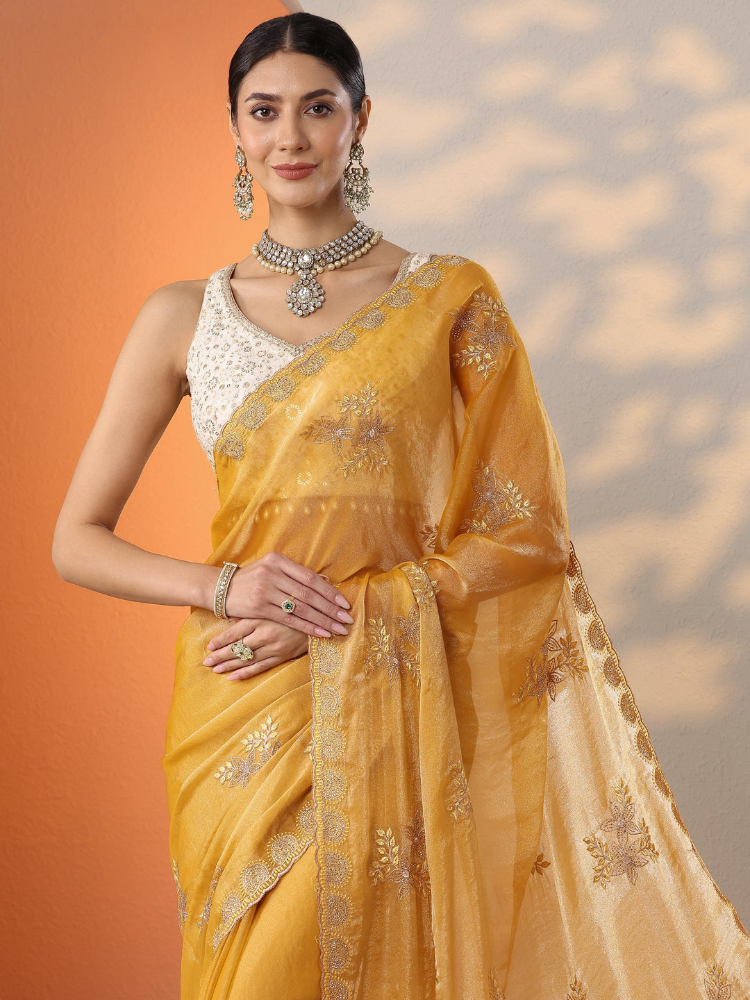 Mustard Embroidered Organza Saree With Unstitched Blouse Piece 