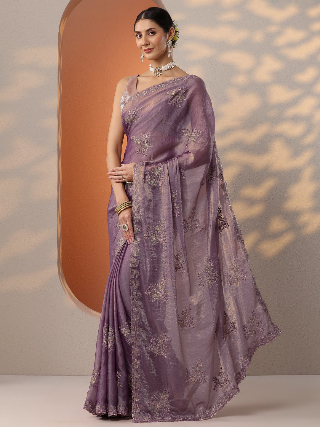  Purple Embroidered Organza Saree With Unstitched Blouse Piece 