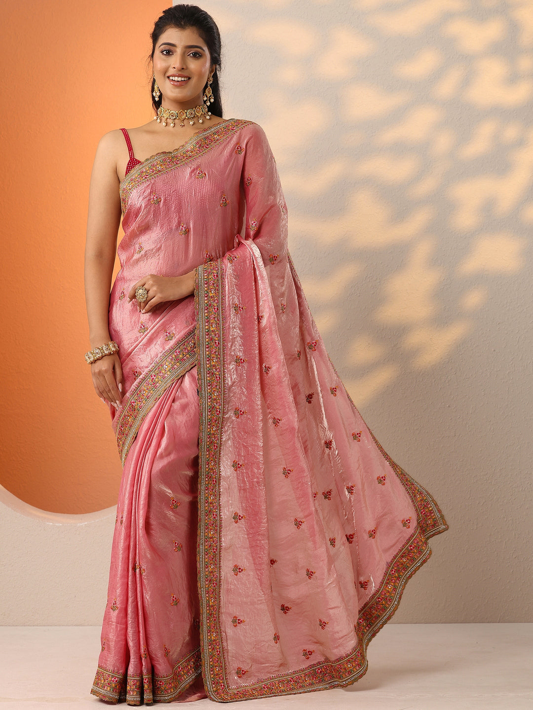  Pink Embroidered Organza Saree With Unstitched Blouse Piece 