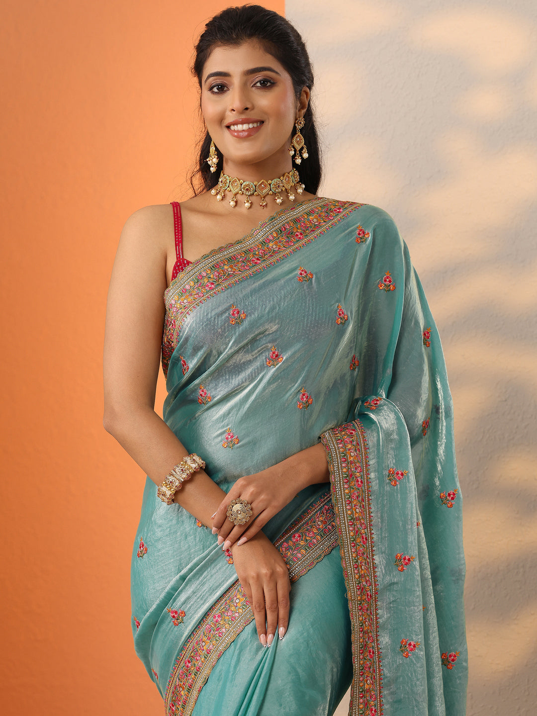  Blue Embroidered Organza Saree With Unstitched Blouse Piece 