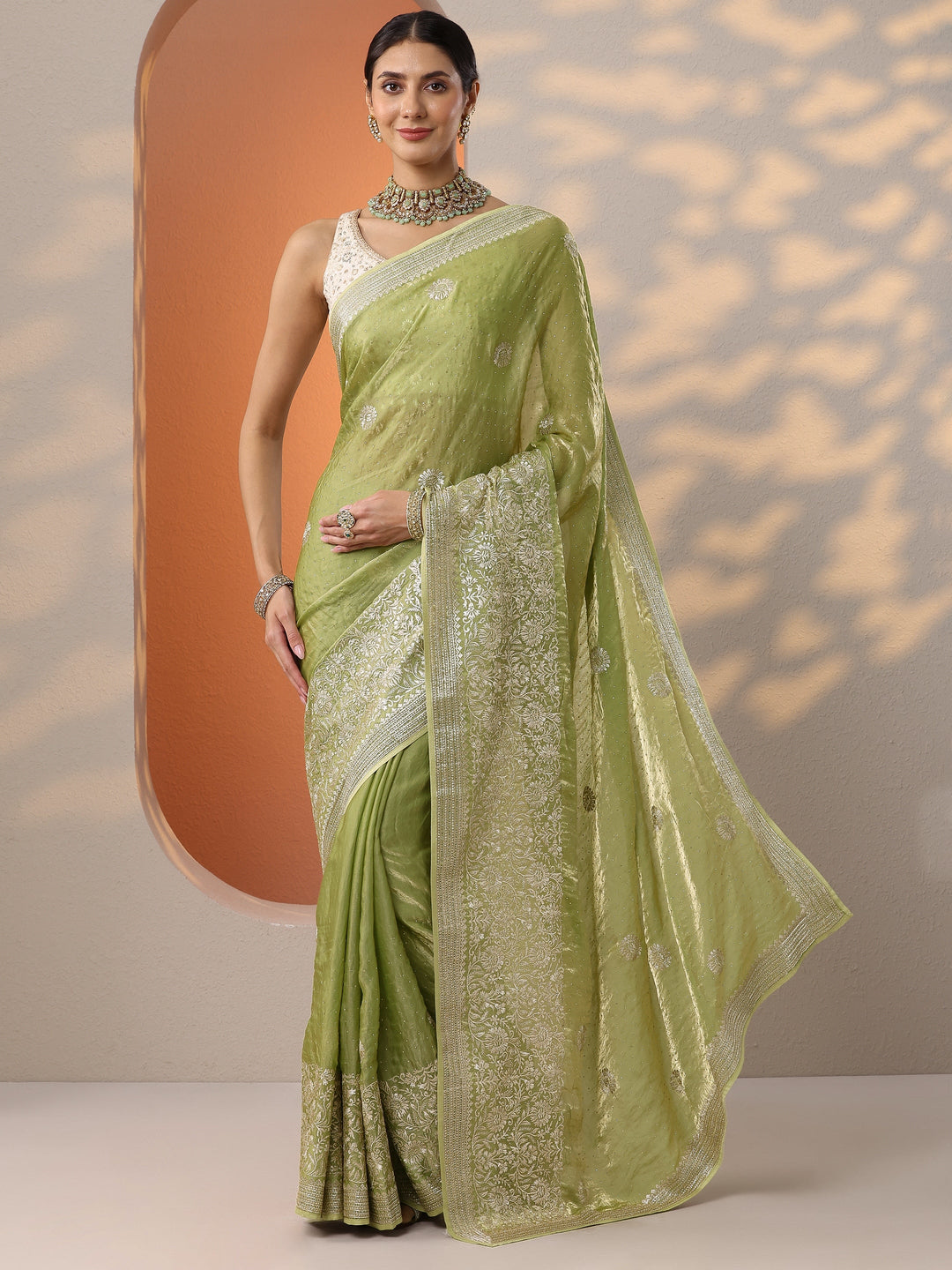  Green Embellished Organza Saree With Unstitched Blouse Piece 