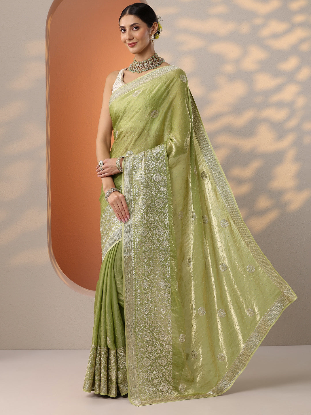  Green Embellished Organza Saree With Unstitched Blouse Piece 