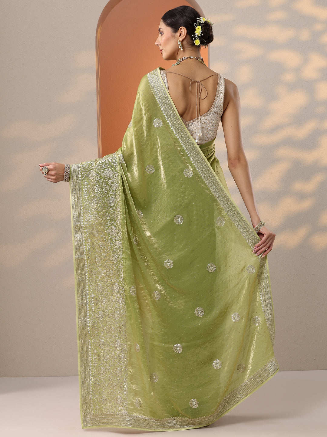  Green Embellished Organza Saree With Unstitched Blouse Piece 