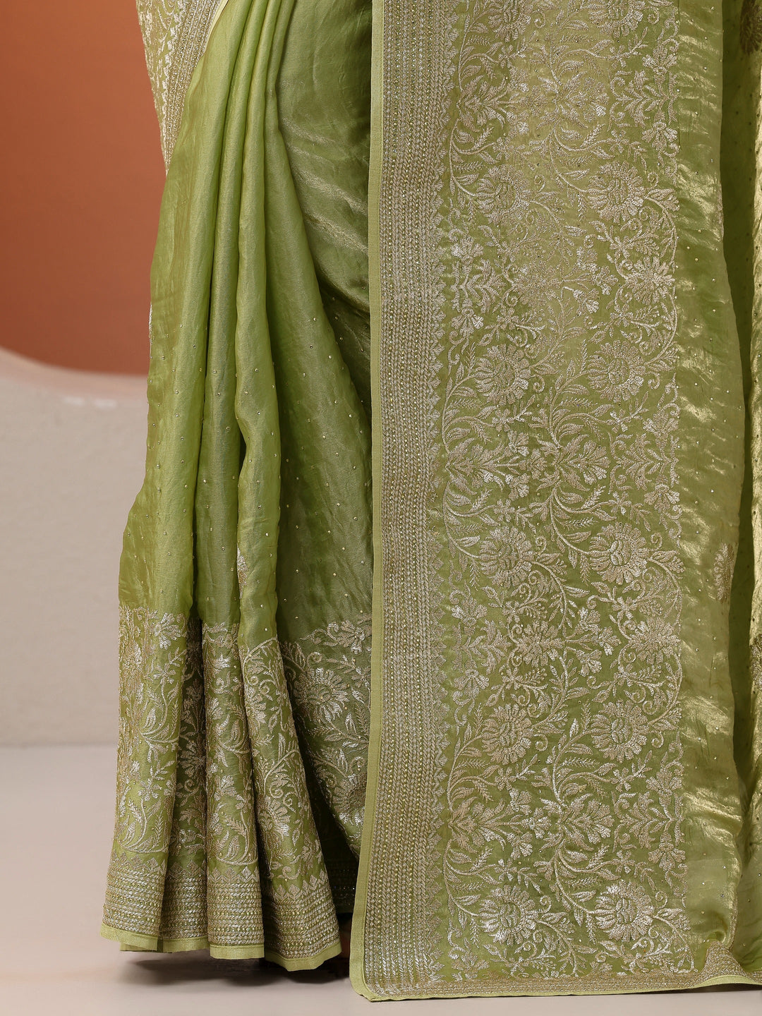  Green Embellished Organza Saree With Unstitched Blouse Piece 