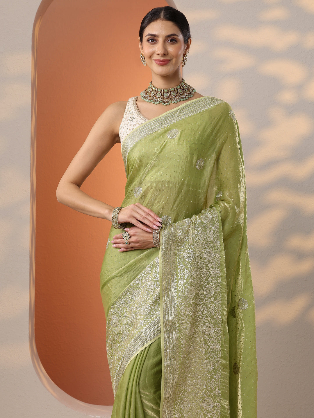  Green Embellished Organza Saree With Unstitched Blouse Piece 