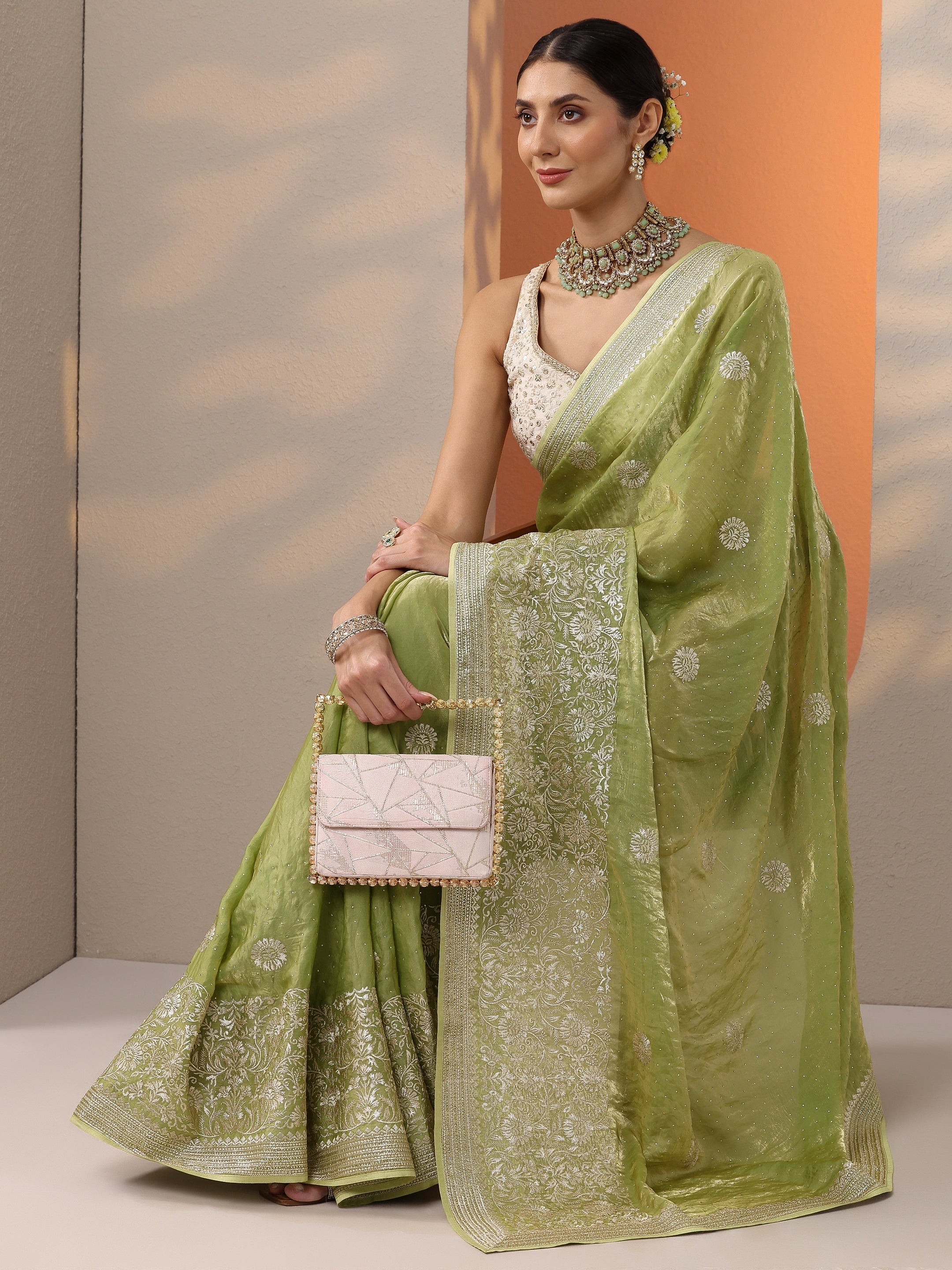 libas Green Embellished Organza Saree With Unstitched Blouse Piece-picture-35