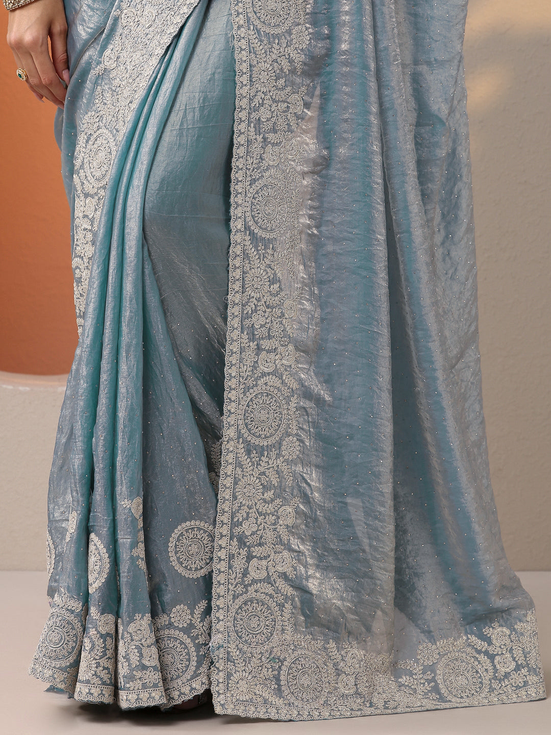  Blue Embellished Organza Saree With Unstitched Blouse Piece 
