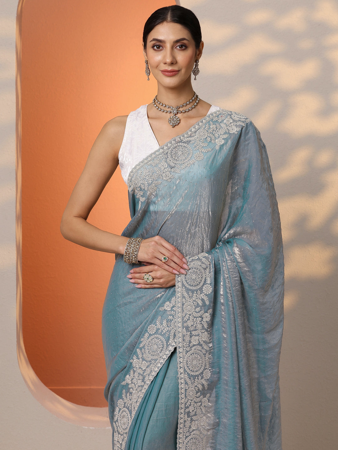  Blue Embellished Organza Saree With Unstitched Blouse Piece 