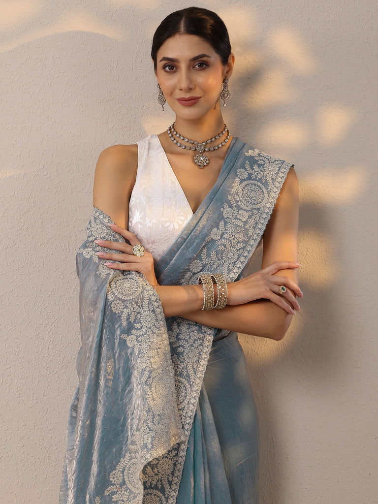 Libas Blue Embellished Organza Saree With Unstitched Blouse Piece