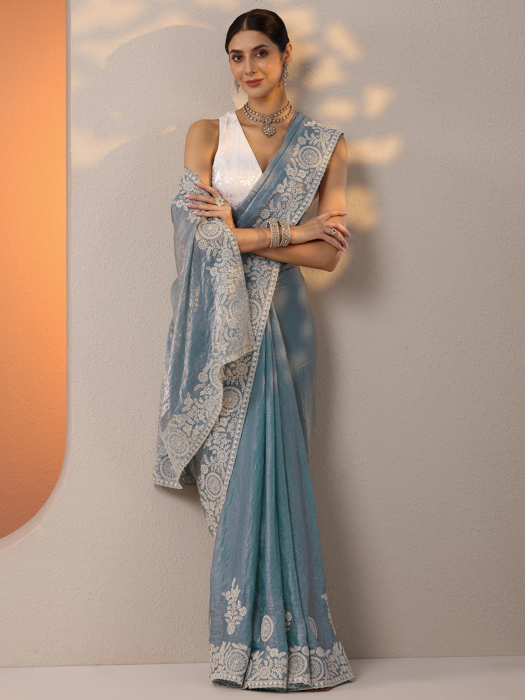  Blue Embellished Organza Saree With Unstitched Blouse Piece 