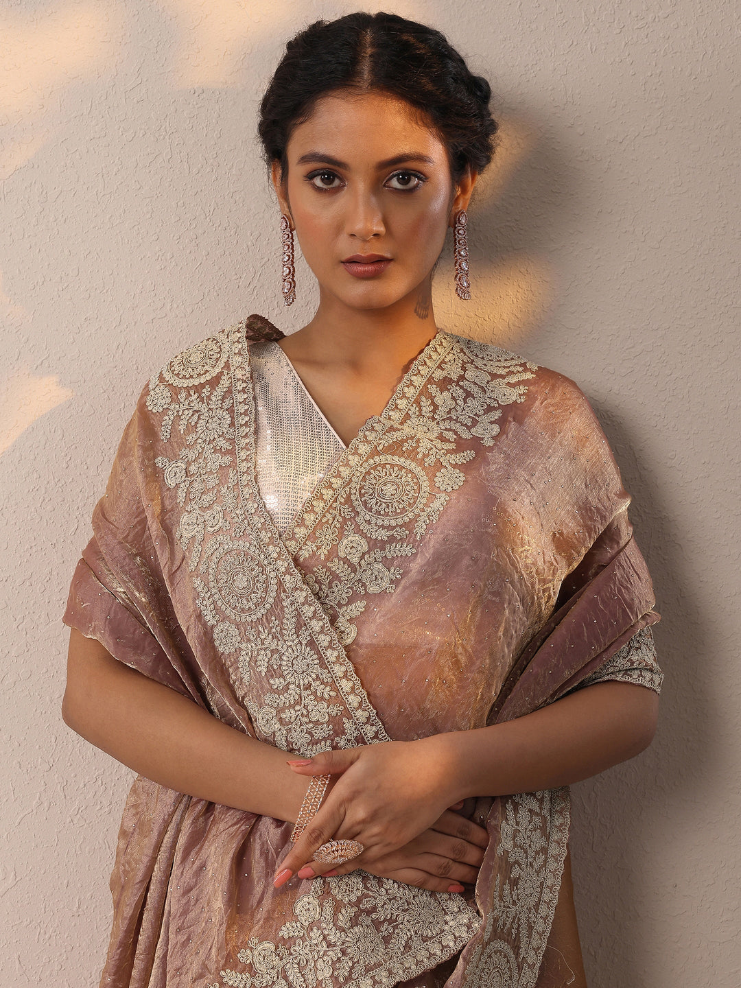  Pink Embellished Organza Saree With Unstitched Blouse Piece 