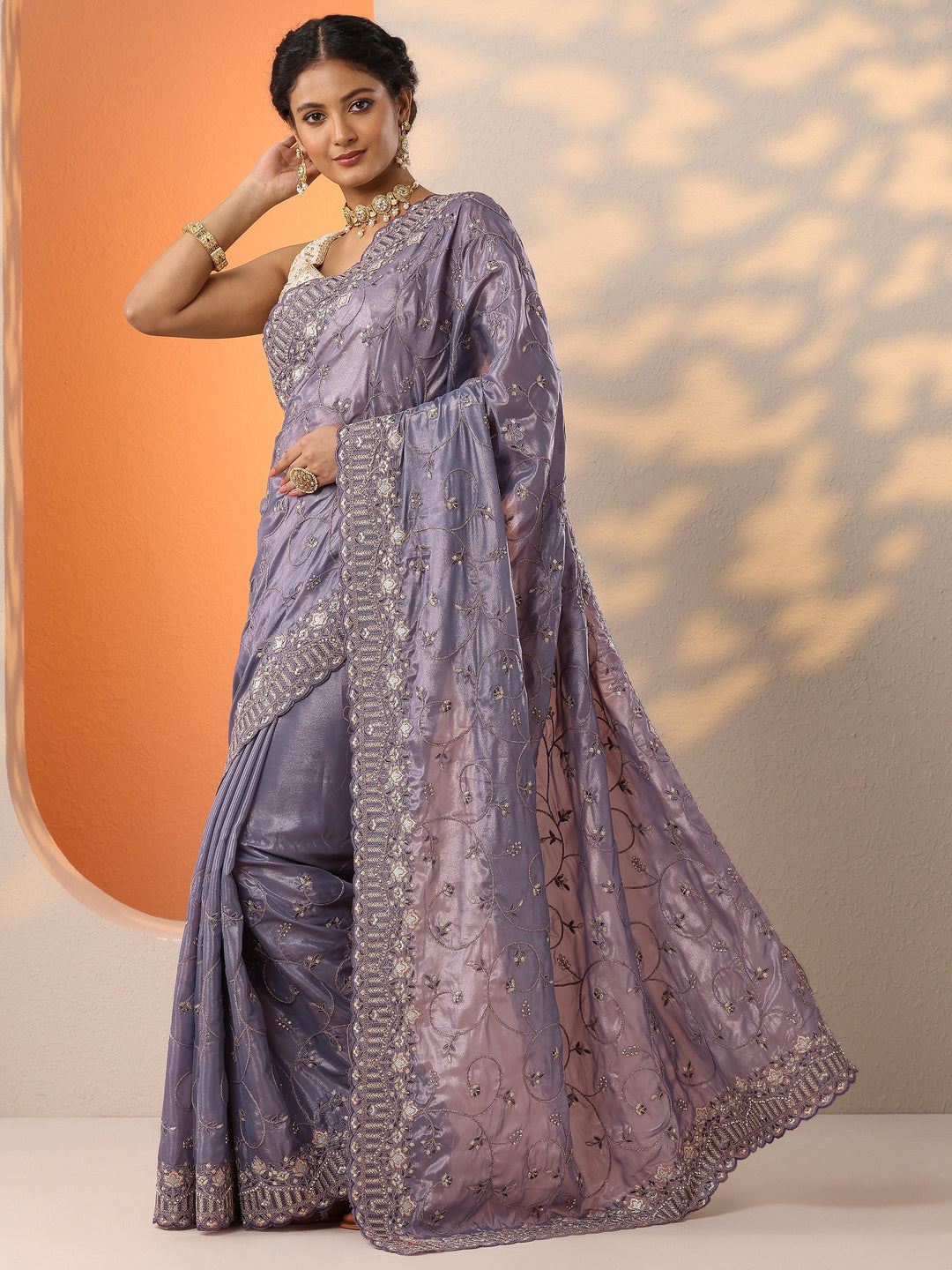  Purple Embroidered Organza Saree With Unstitched Blouse Piece 