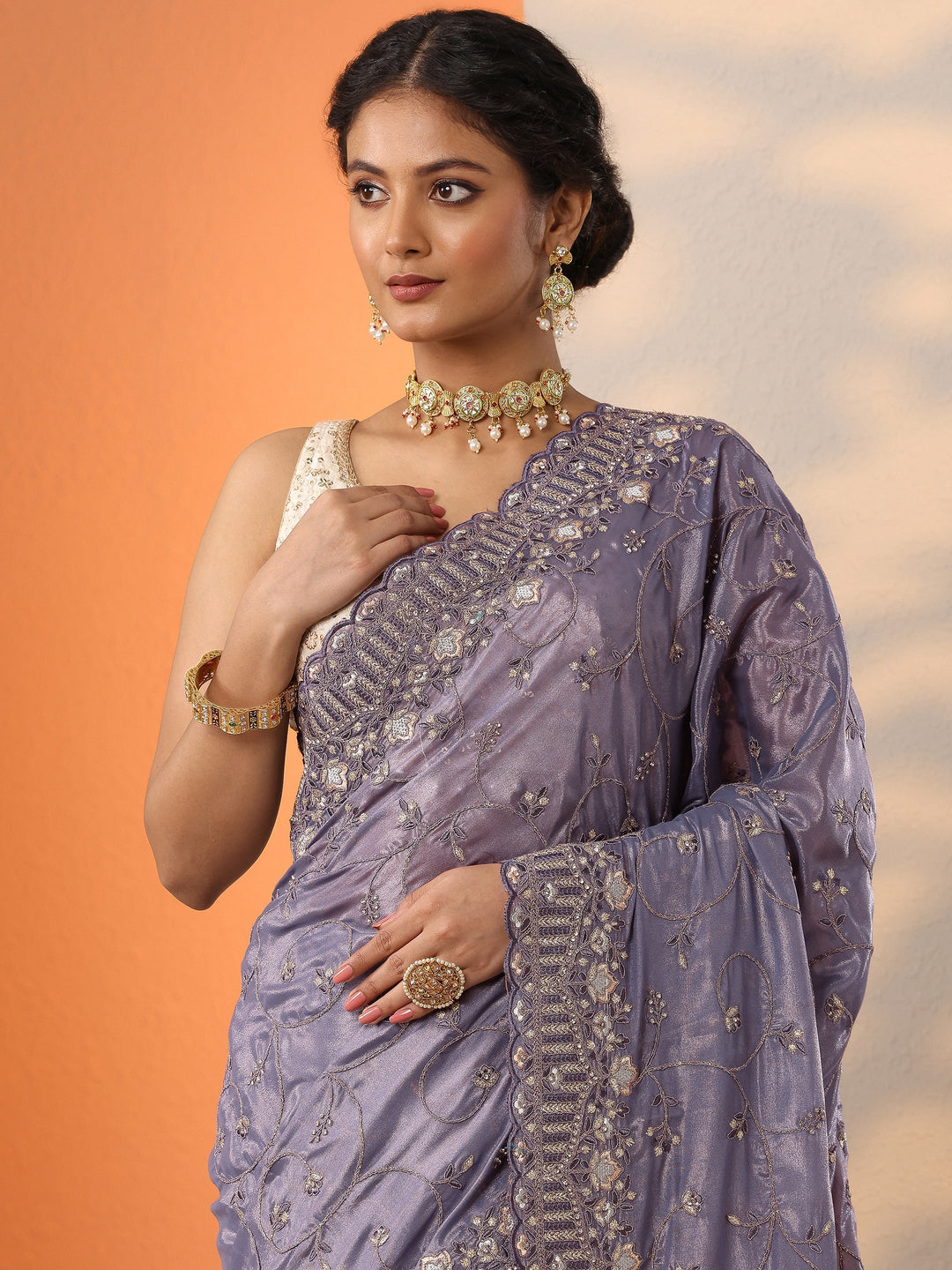  Purple Embroidered Organza Saree With Unstitched Blouse Piece 