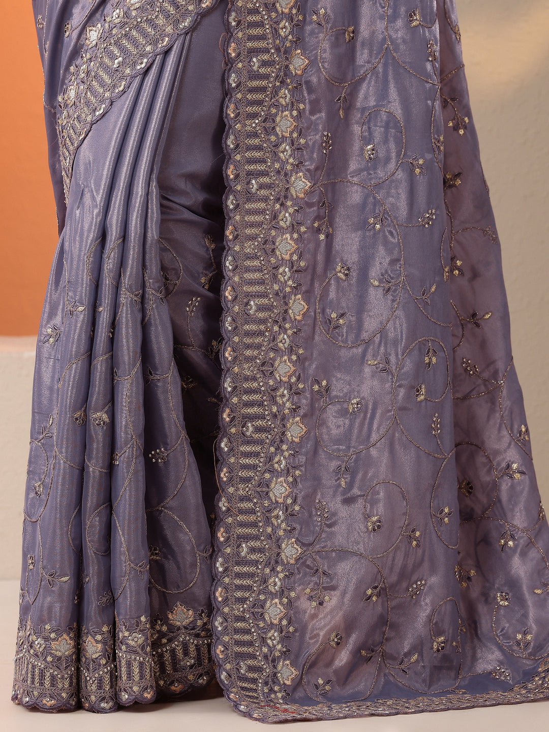  Purple Embroidered Organza Saree With Unstitched Blouse Piece 