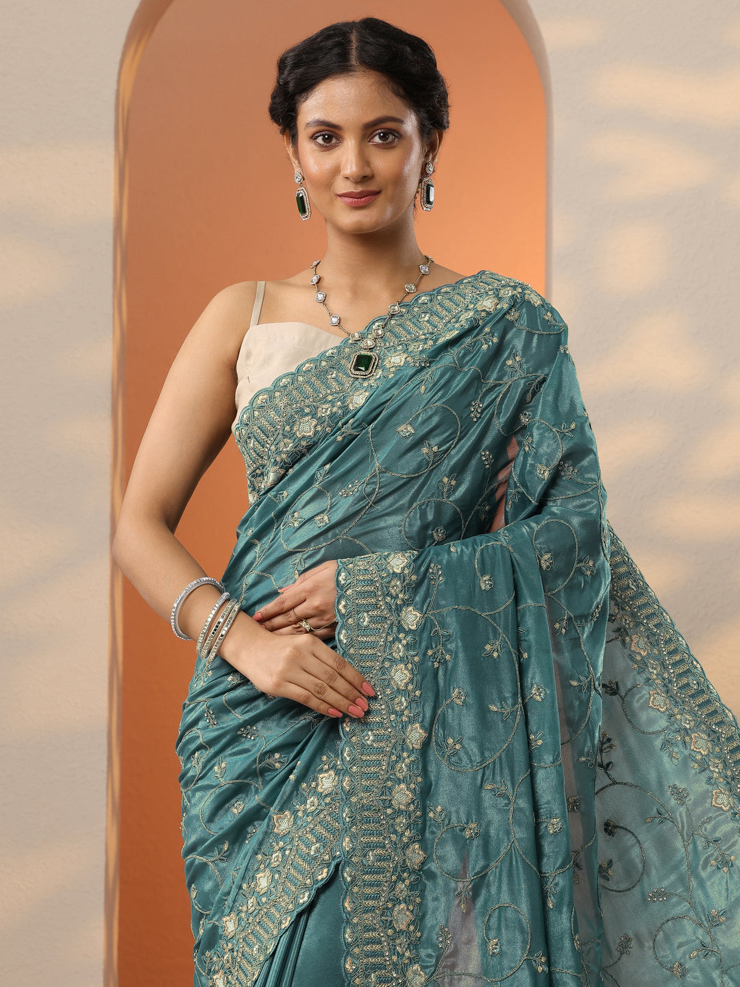  Blue Embroidered Organza Saree With Unstitched Blouse Piece 