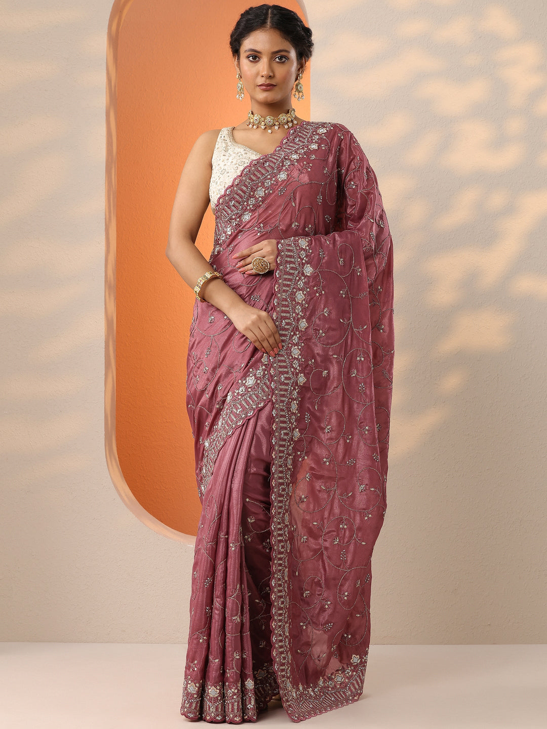  Mauve Embroidered Organza Saree With Unstitched Blouse Piece 