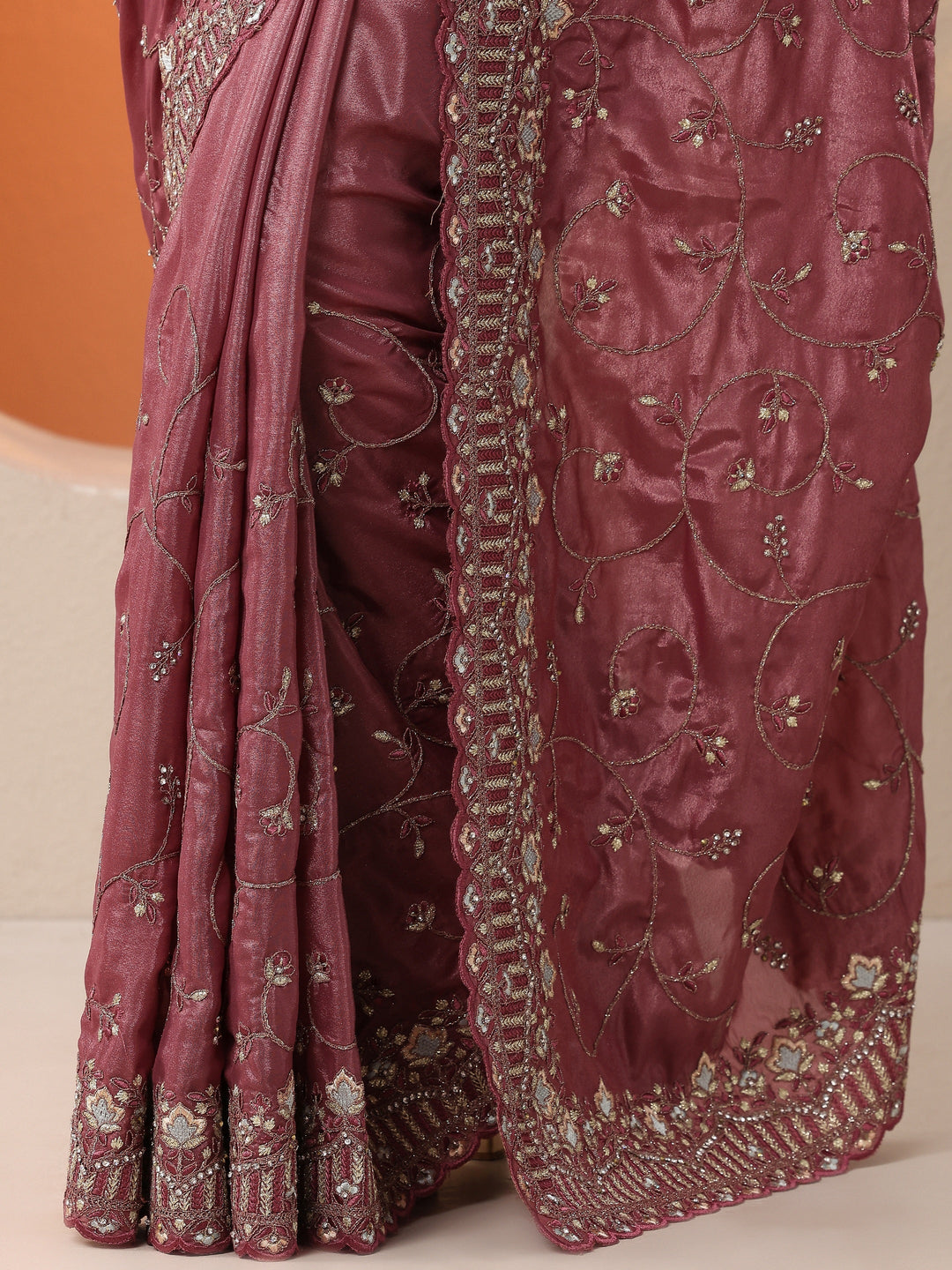  Mauve Embroidered Organza Saree With Unstitched Blouse Piece 