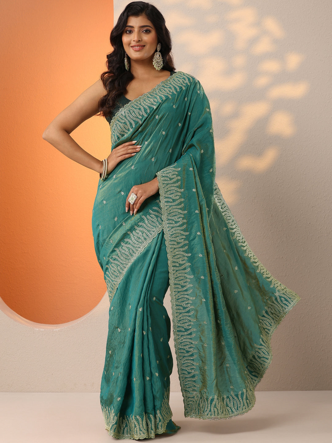  Green Embellished Organza Saree With Unstitched Blouse Piece 