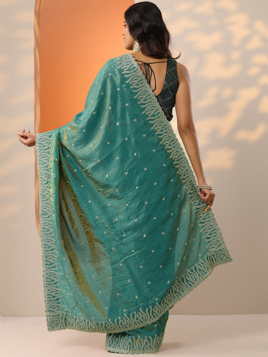  Green Embellished Organza Saree With Unstitched Blouse Piece 