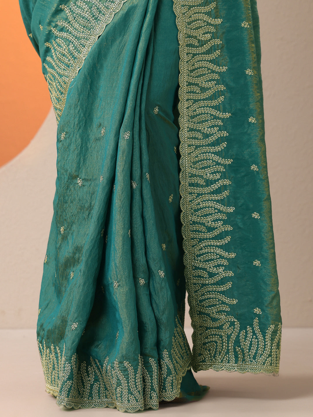  Green Embellished Organza Saree With Unstitched Blouse Piece 