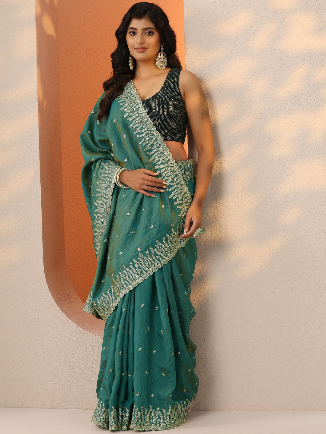  Green Embellished Organza Saree With Unstitched Blouse Piece 