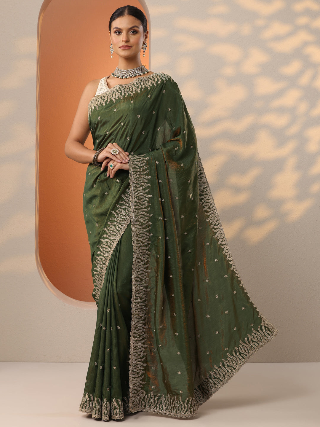  Green Embellished Organza Saree With Unstitched Blouse Piece 