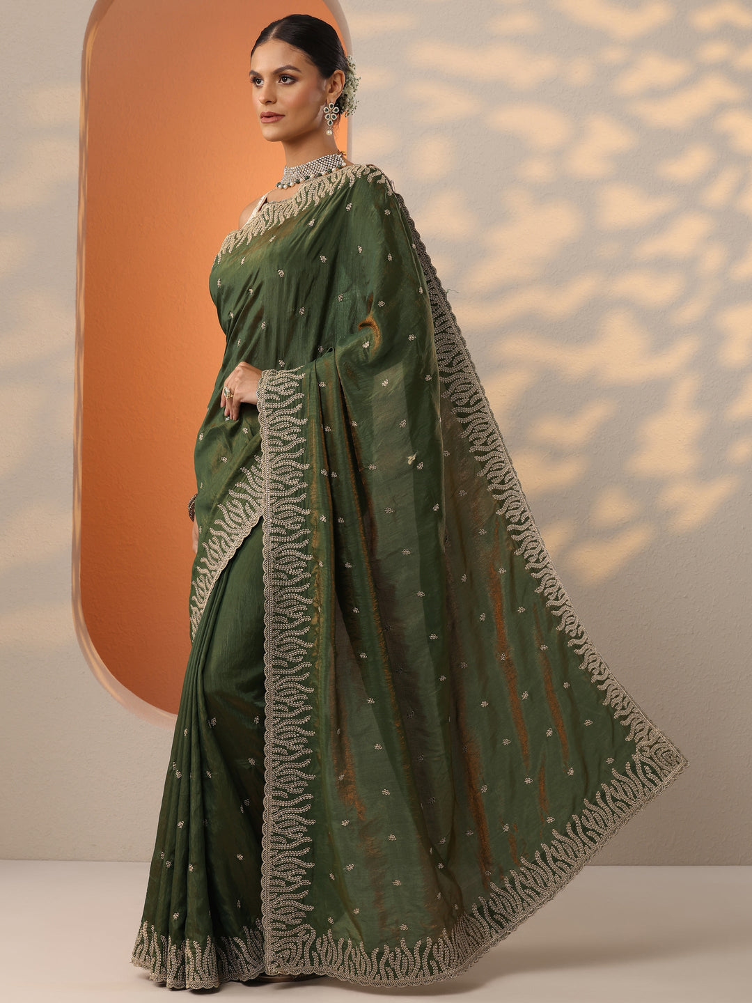  Green Embellished Organza Saree With Unstitched Blouse Piece 