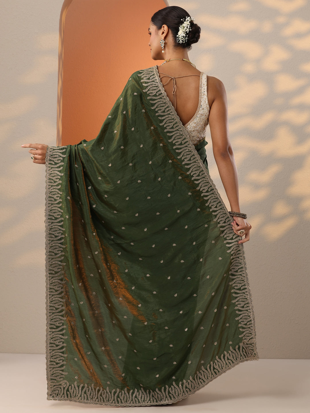  Green Embellished Organza Saree With Unstitched Blouse Piece 