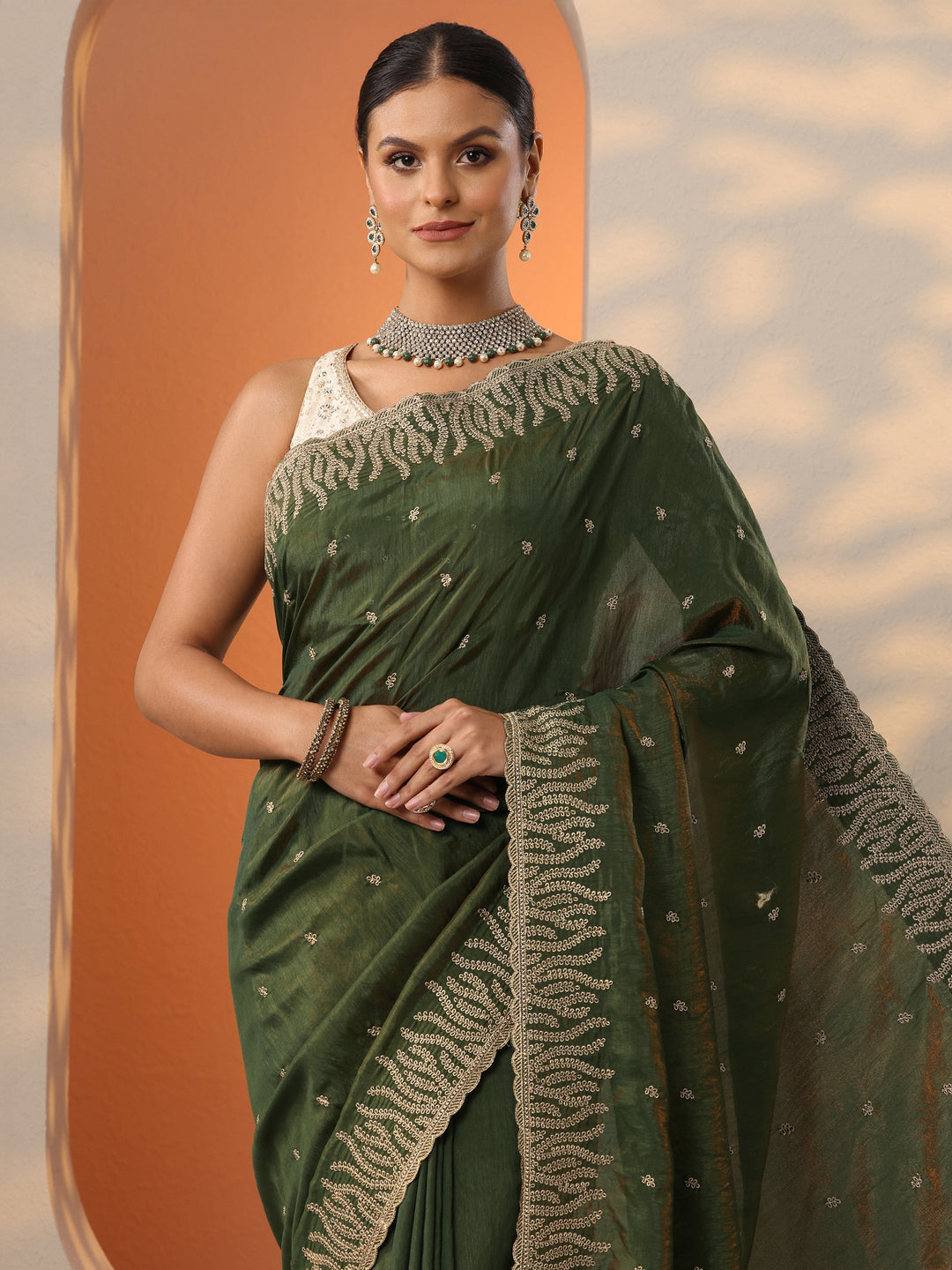  Green Embellished Organza Saree With Unstitched Blouse Piece 