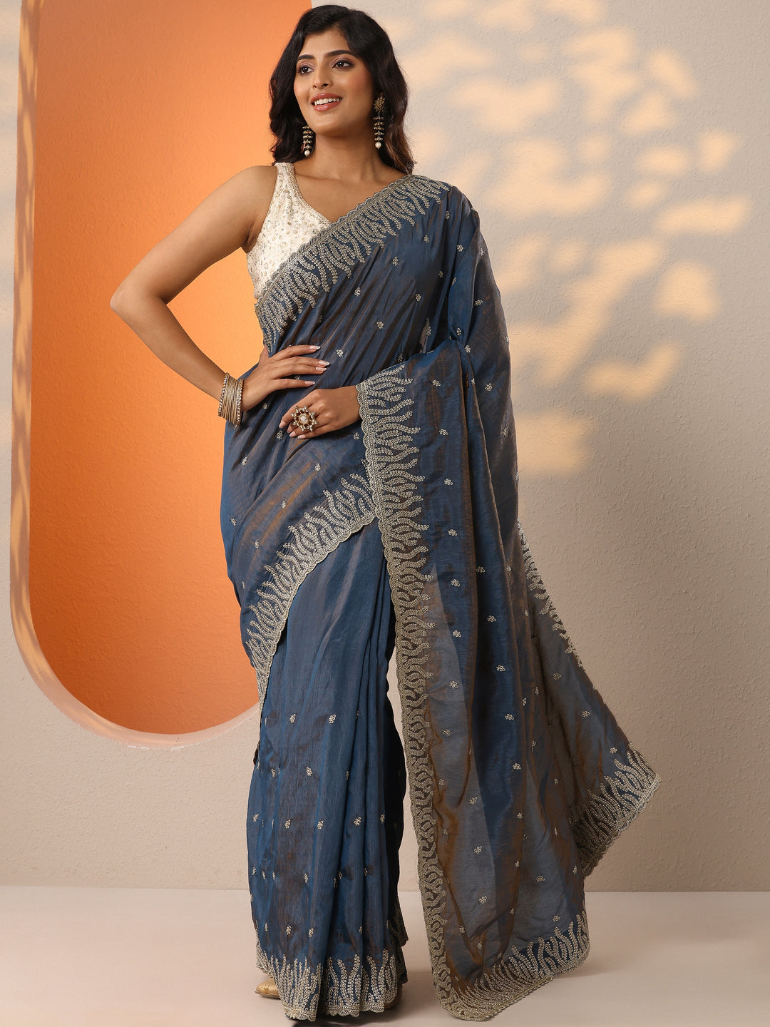  Blue Embellished Organza Saree With Unstitched Blouse Piece 