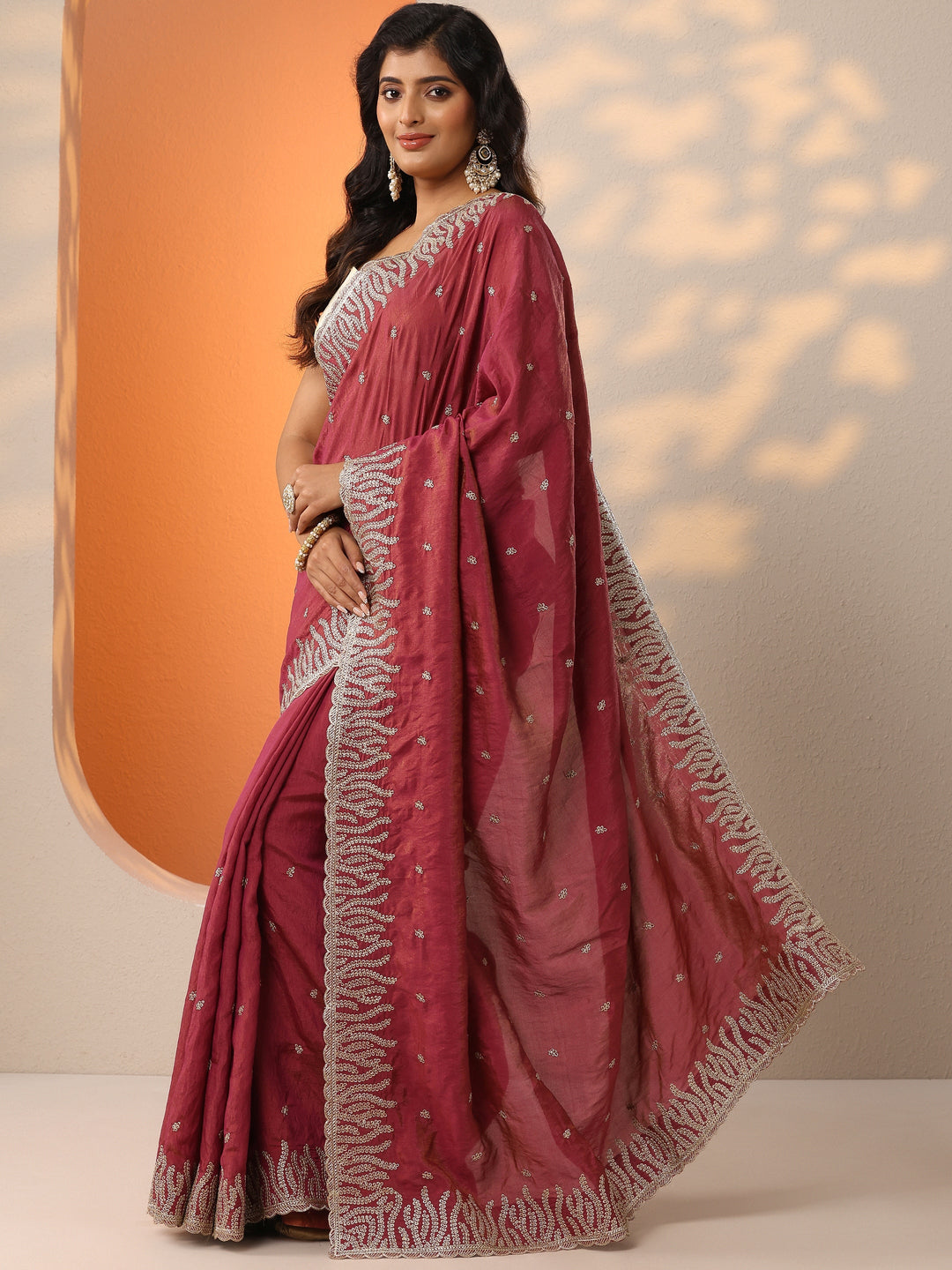  Pink Embellished Organza Saree With Unstitched Blouse Piece 