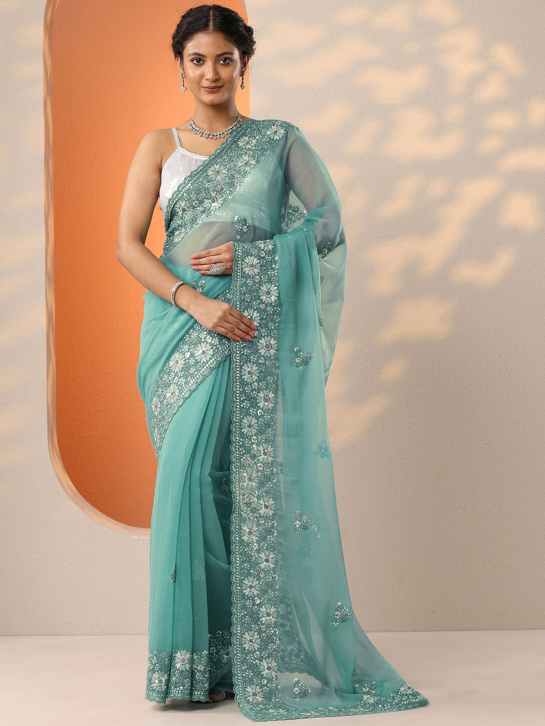 Blue Embroidered Chinon Saree With Unstitched Blouse Piece