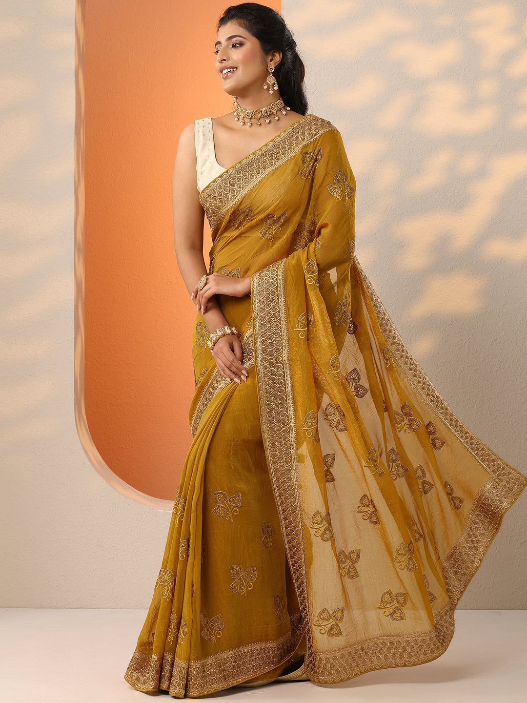  Mustard Embroidered Chinon Saree With Unstitched Blouse Piece 
