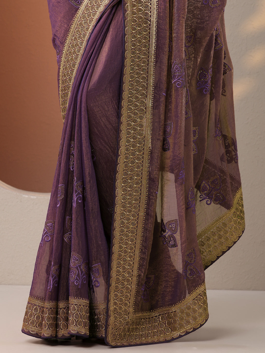  Purple Embroidered Chinon Saree With Unstitched Blouse Piece 