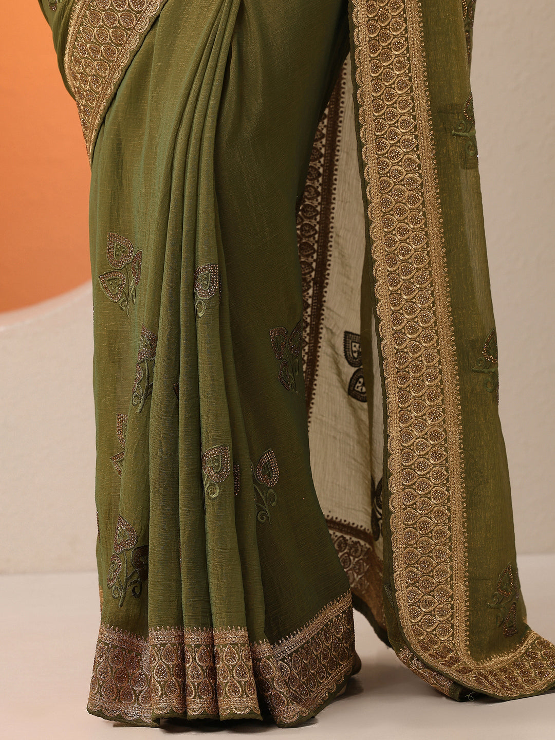  Green Embroidered Chinon Saree With Unstitched Blouse Piece 