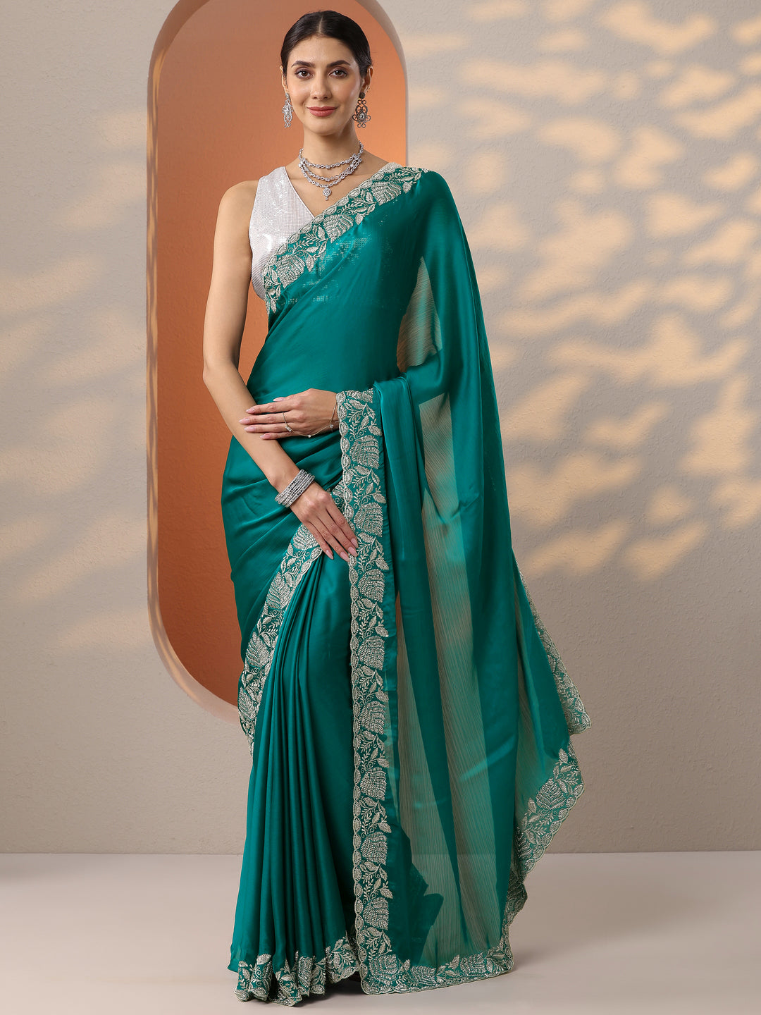 Blue Solid Chinon Saree With Unstitched Blouse Piece 