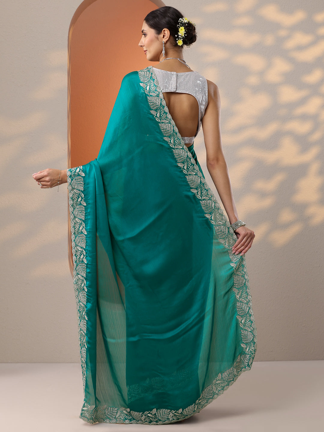  Blue Solid Chinon Saree With Unstitched Blouse Piece 