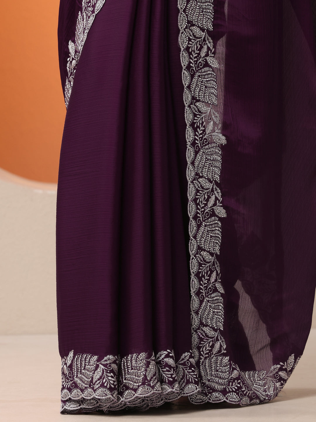  Burgundy Embroidered Chinon Saree With Unstitched Blouse Piece 