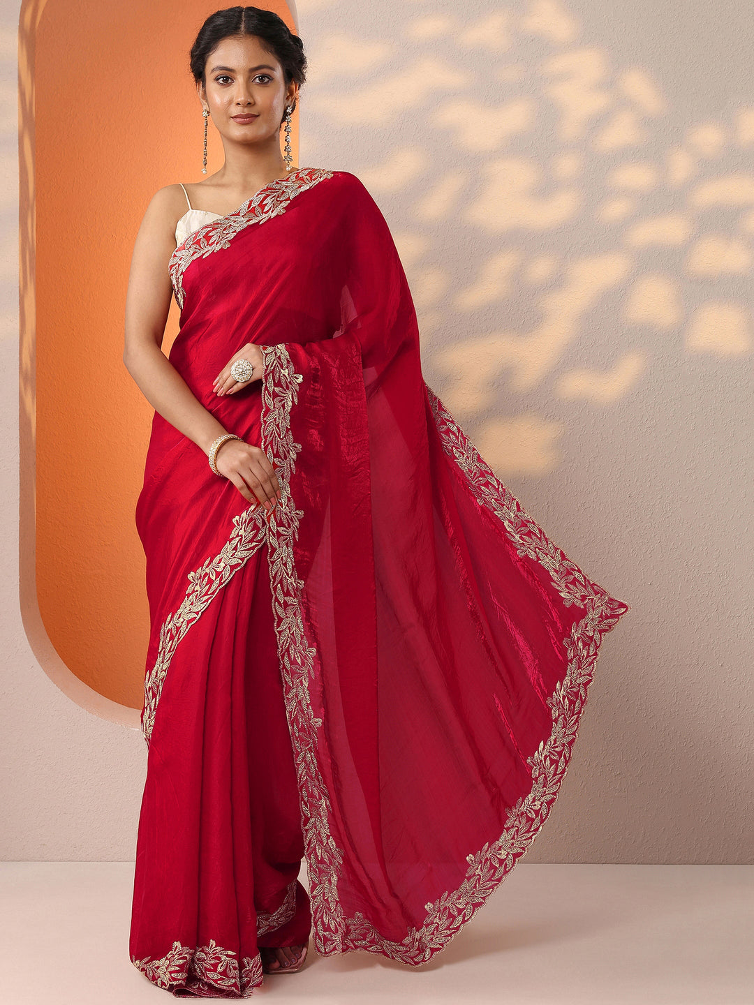  Red Embroidered Organza Saree With Unstitched Blouse Piece 
