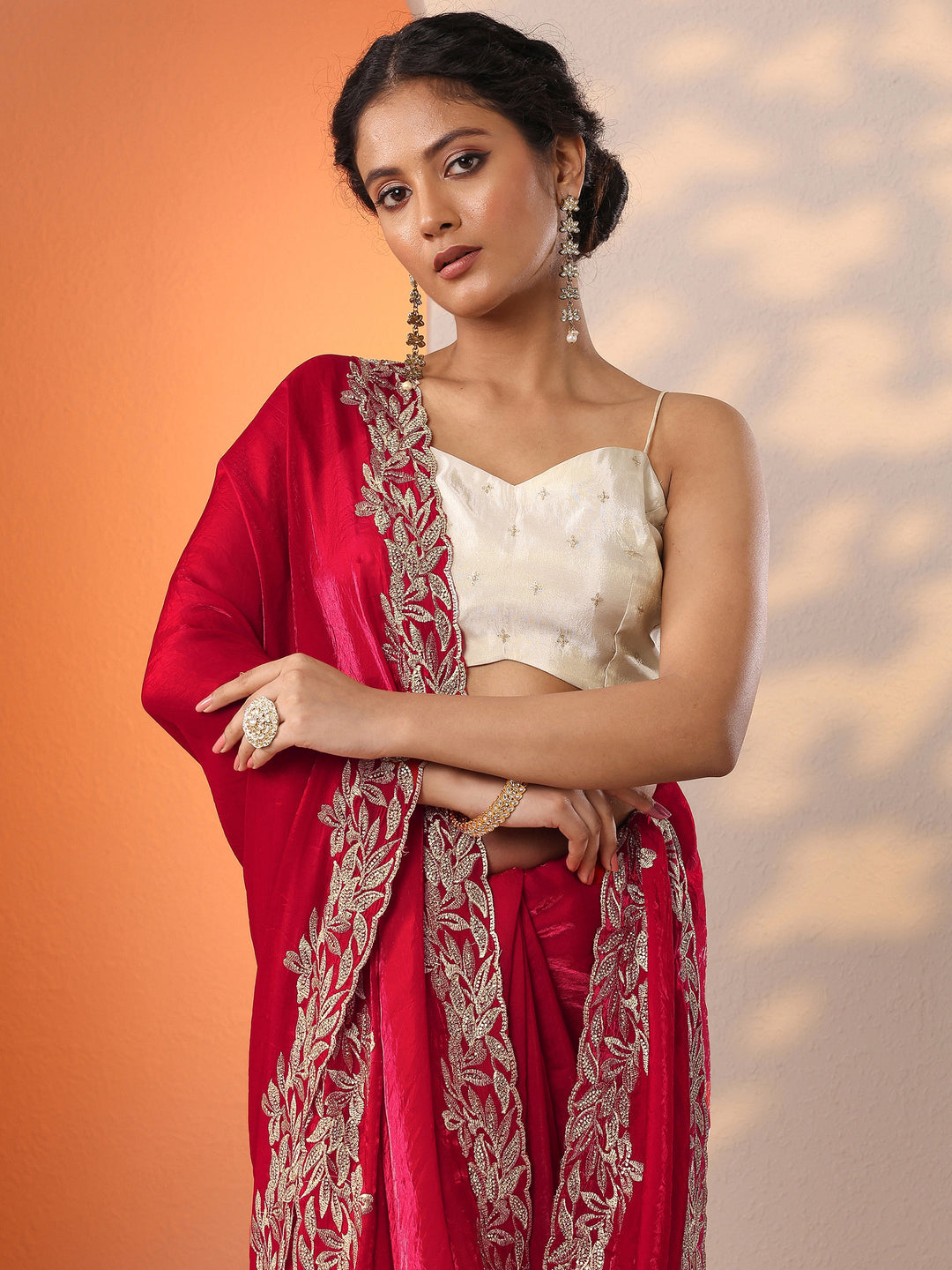  Red Embroidered Organza Saree With Unstitched Blouse Piece 